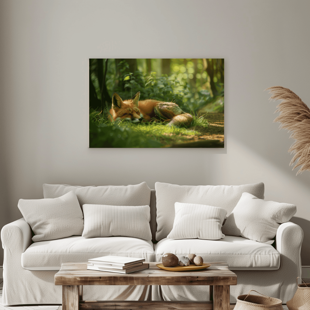 Fox Sleeping Fox in Sunlit Forest – Canvas Wall Art