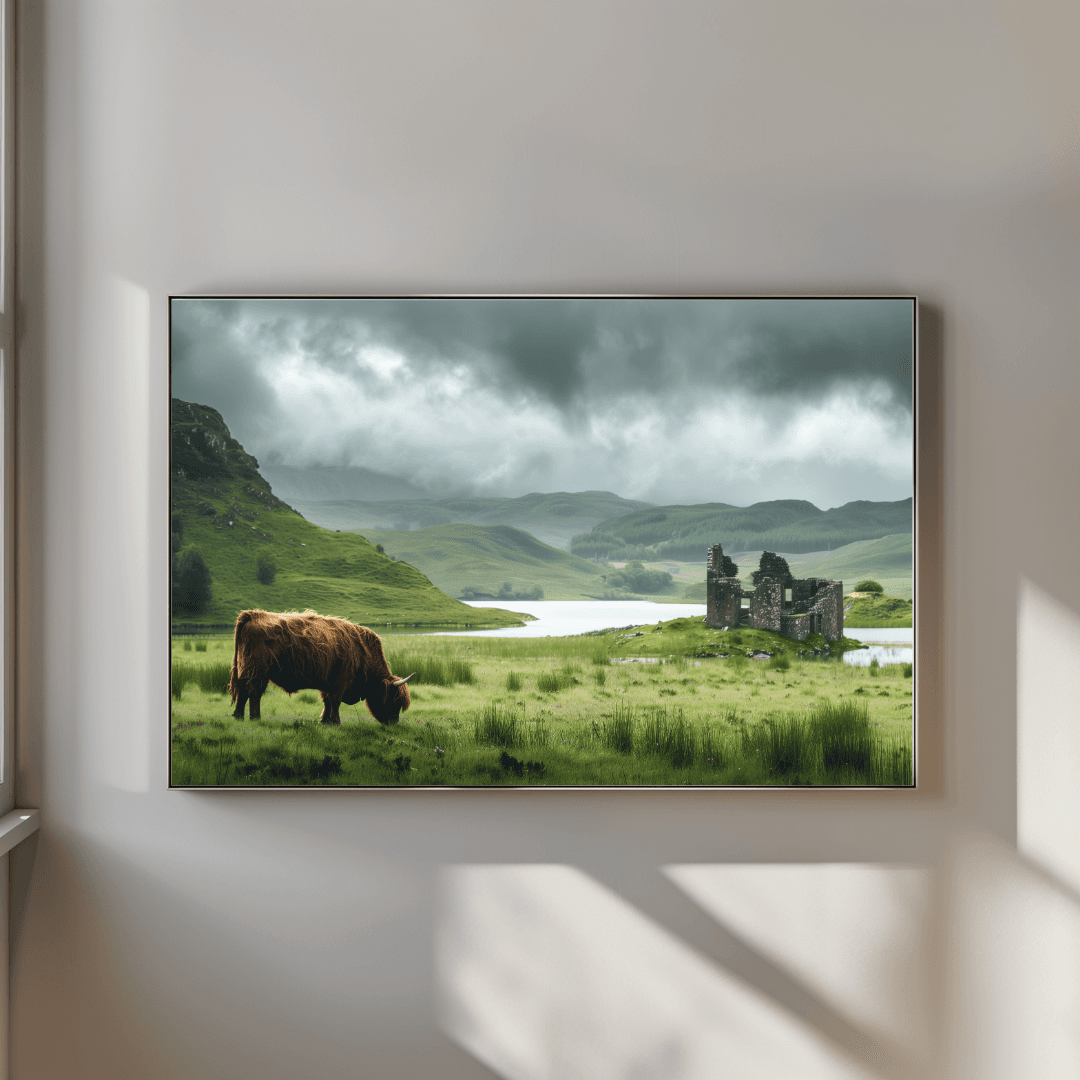 undefined Highland Cow and Ruins – Scottish Landscape Canvas