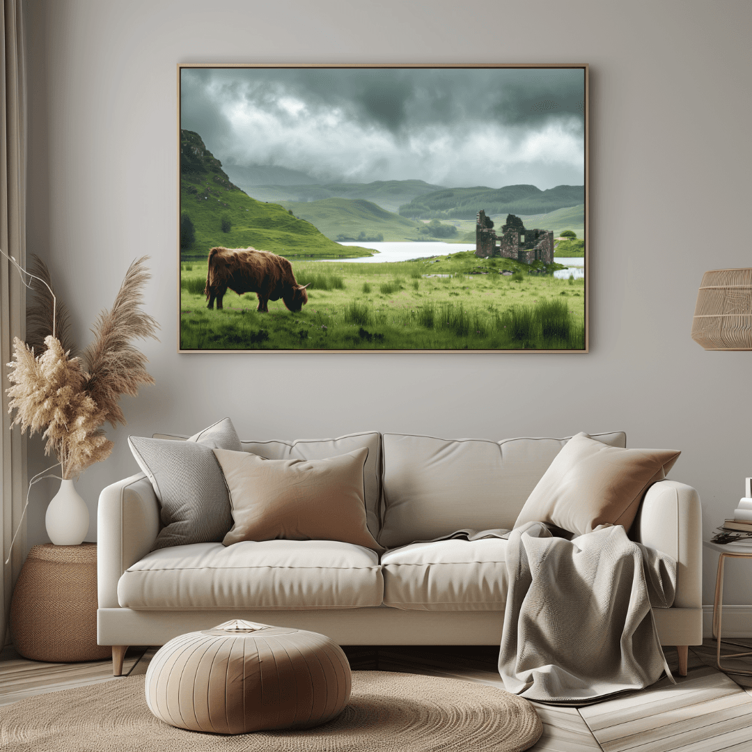 Highland Cow Highland Cow and Ruins – Scottish Landscape Canvas