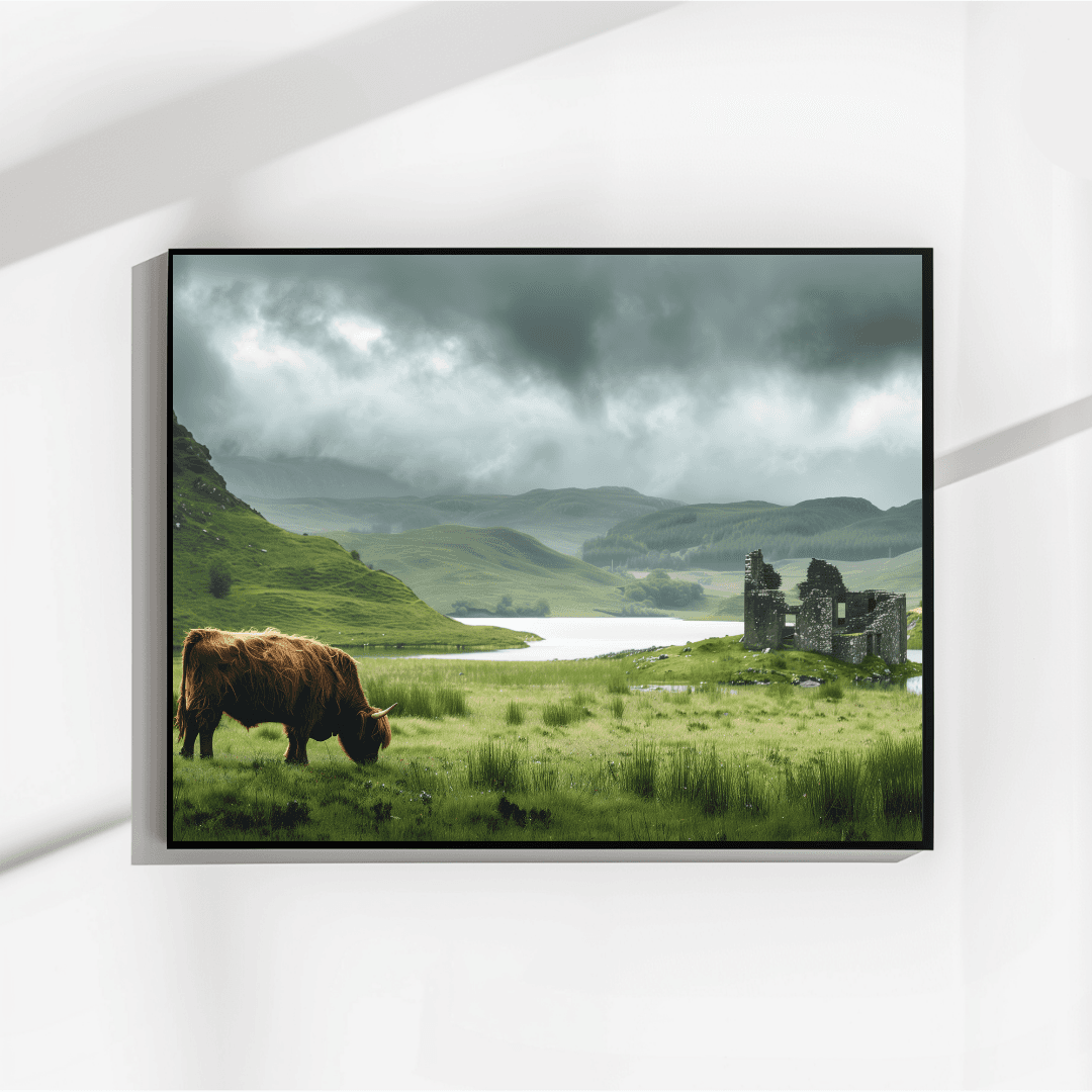 Highland Cow Highland Cow and Ruins – Scottish Landscape Canvas