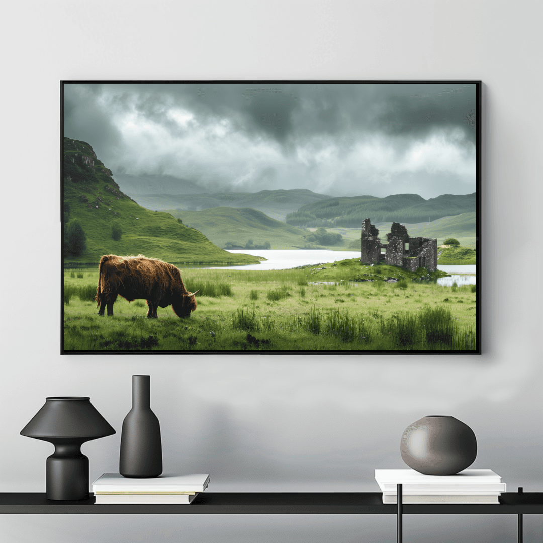 Highland Cow Highland Cow and Ruins – Scottish Landscape Canvas
