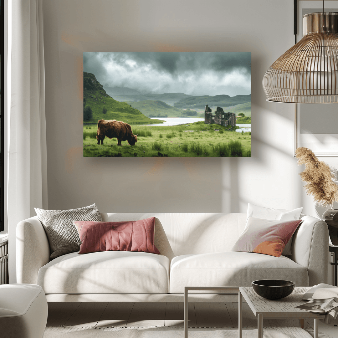 Highland Cow Highland Cow and Ruins – Scottish Landscape Canvas