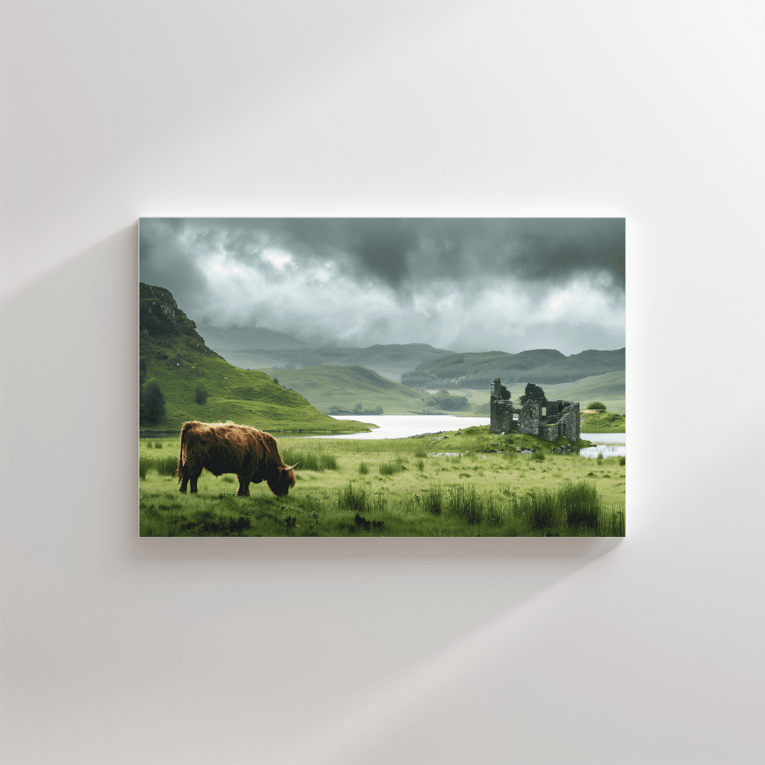 Highland Cow Highland Cow and Ruins – Scottish Landscape Canvas