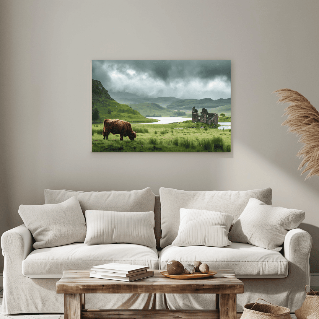 Highland Cow Highland Cow and Ruins – Scottish Landscape Canvas