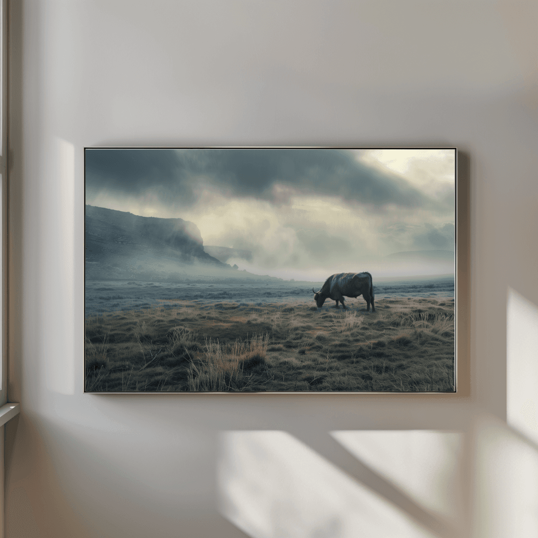 undefined Highland Cow in Misty Valley – Canvas Wall Art