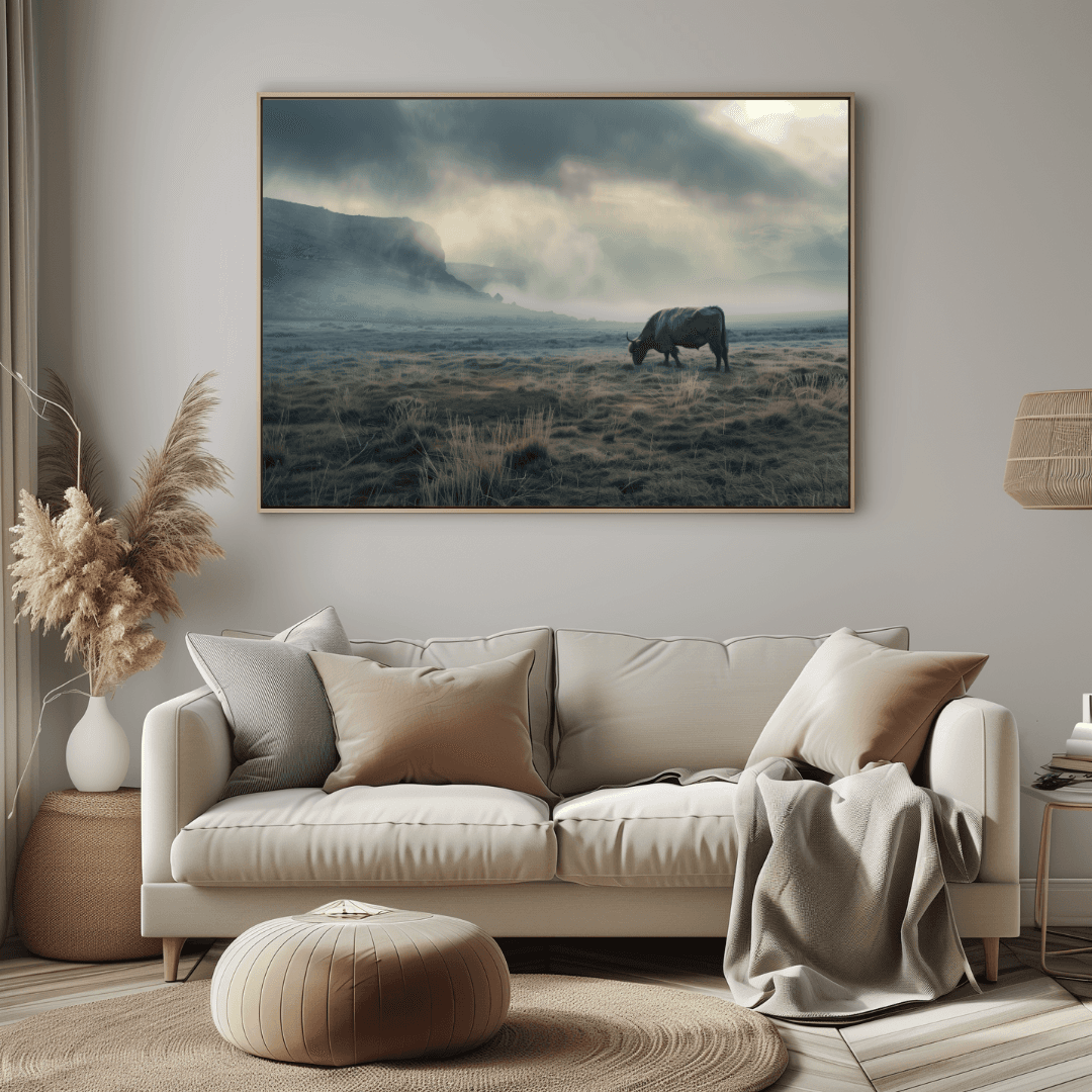 Highland Cow Highland Cow in Misty Valley – Canvas Wall Art