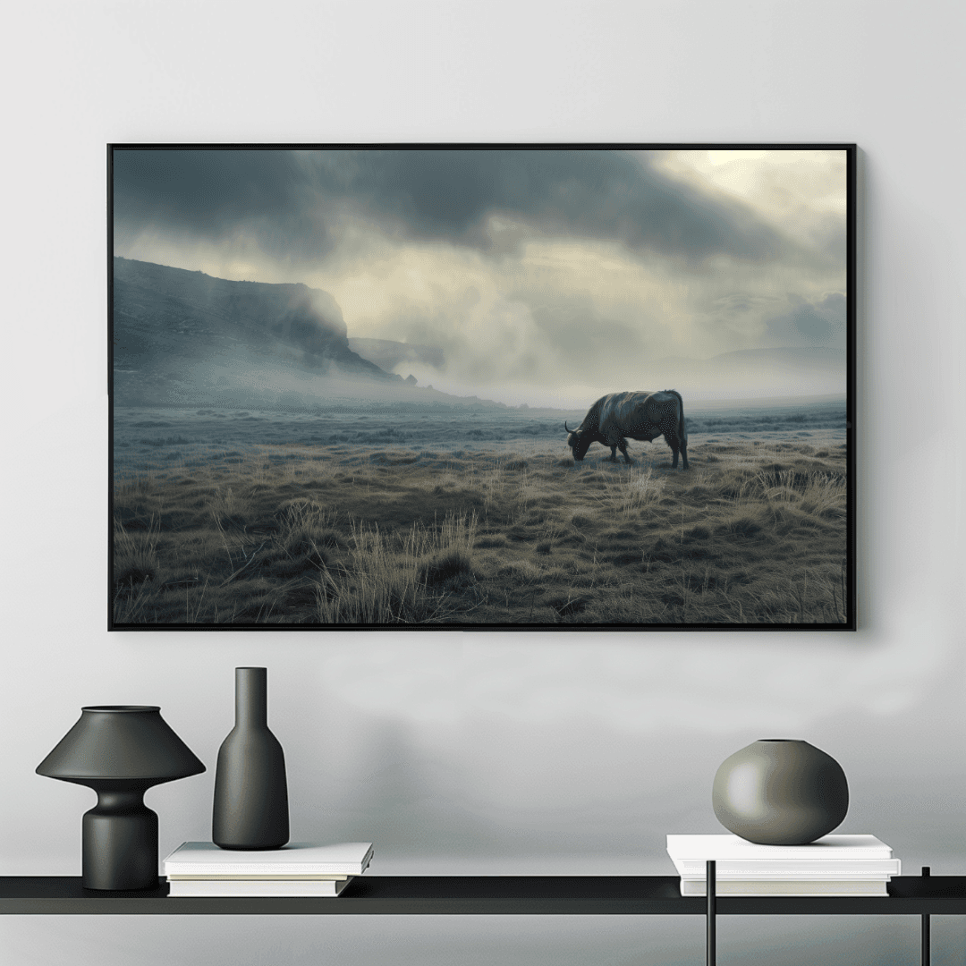Highland Cow Highland Cow in Misty Valley – Canvas Wall Art