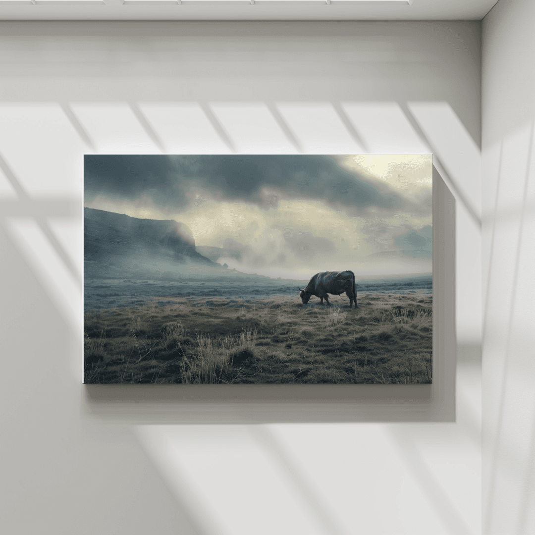 Highland Cow Highland Cow in Misty Valley – Canvas Wall Art