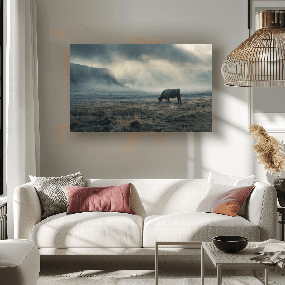 Highland Cow Highland Cow in Misty Valley – Canvas Wall Art