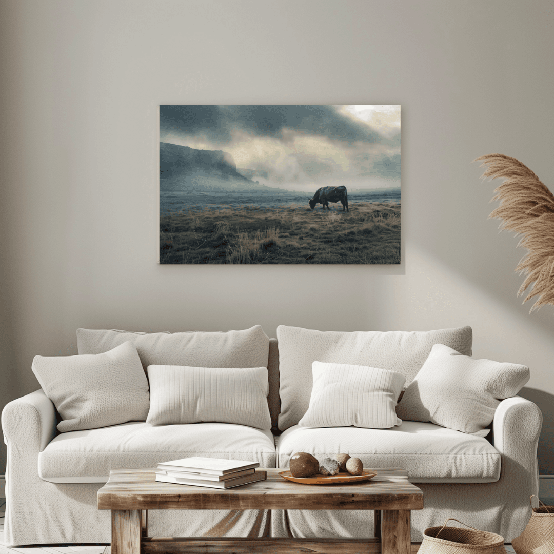 Highland Cow Highland Cow in Misty Valley – Canvas Wall Art
