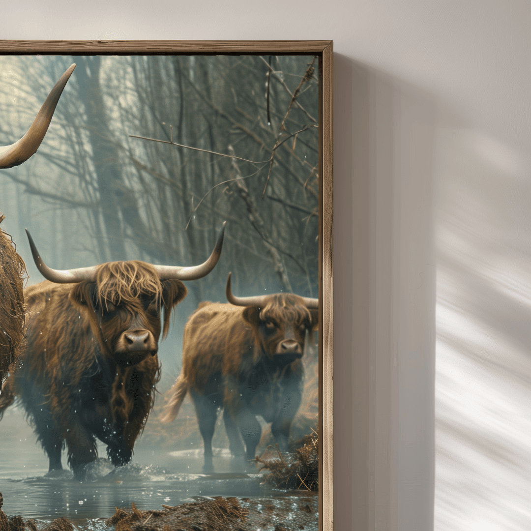 Highland Cow Highland Cattle in Forest Stream – Canvas Wall Art