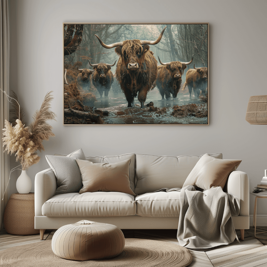 Highland Cow Highland Cattle in Forest Stream – Canvas Wall Art