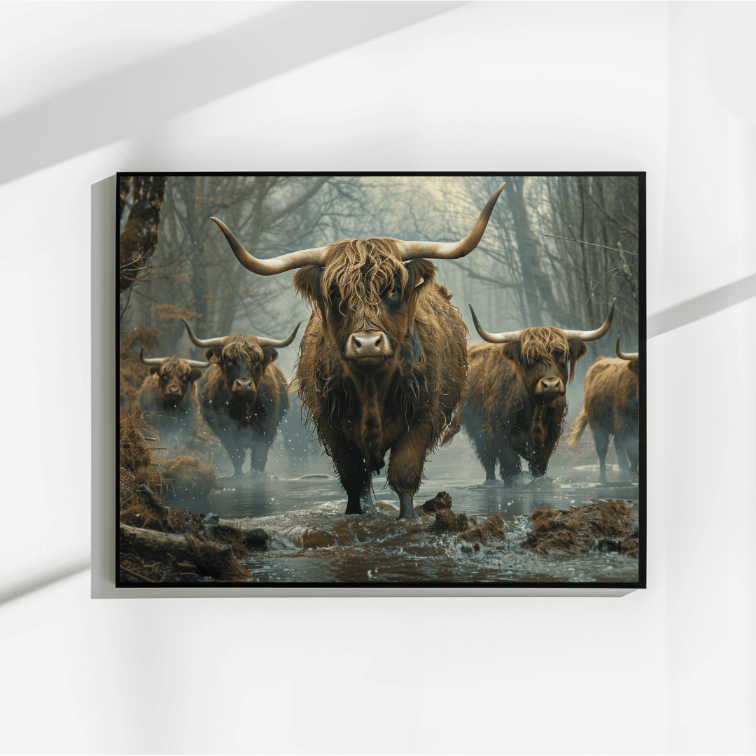Highland Cow Highland Cattle in Forest Stream – Canvas Wall Art