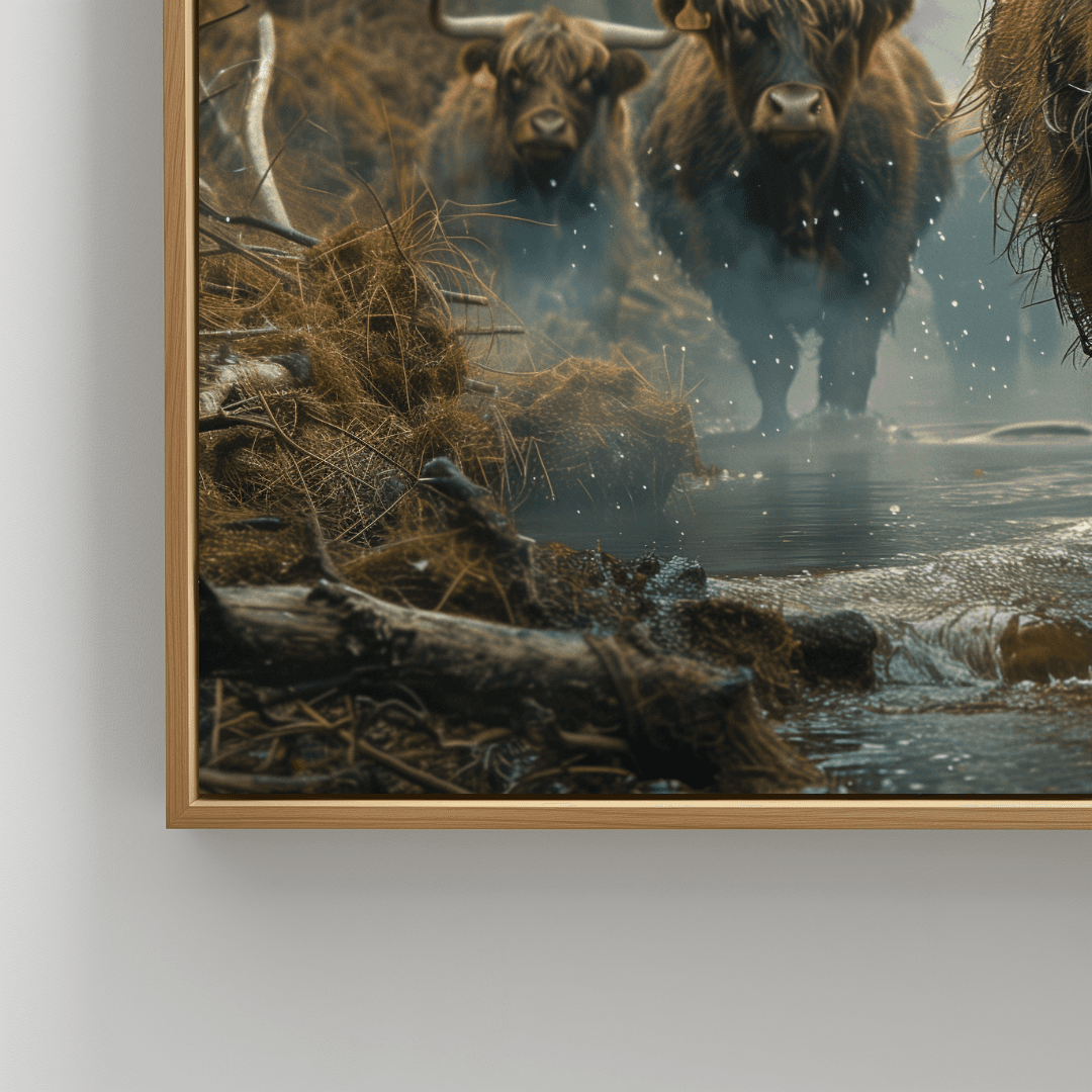 Highland Cow Highland Cattle in Forest Stream – Canvas Wall Art
