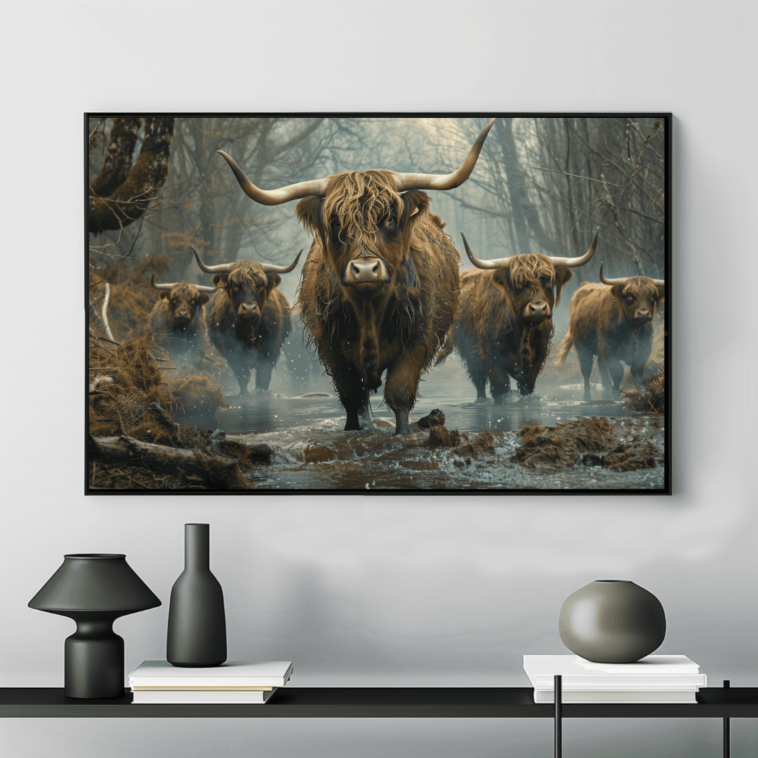 Highland Cow Highland Cattle in Forest Stream – Canvas Wall Art