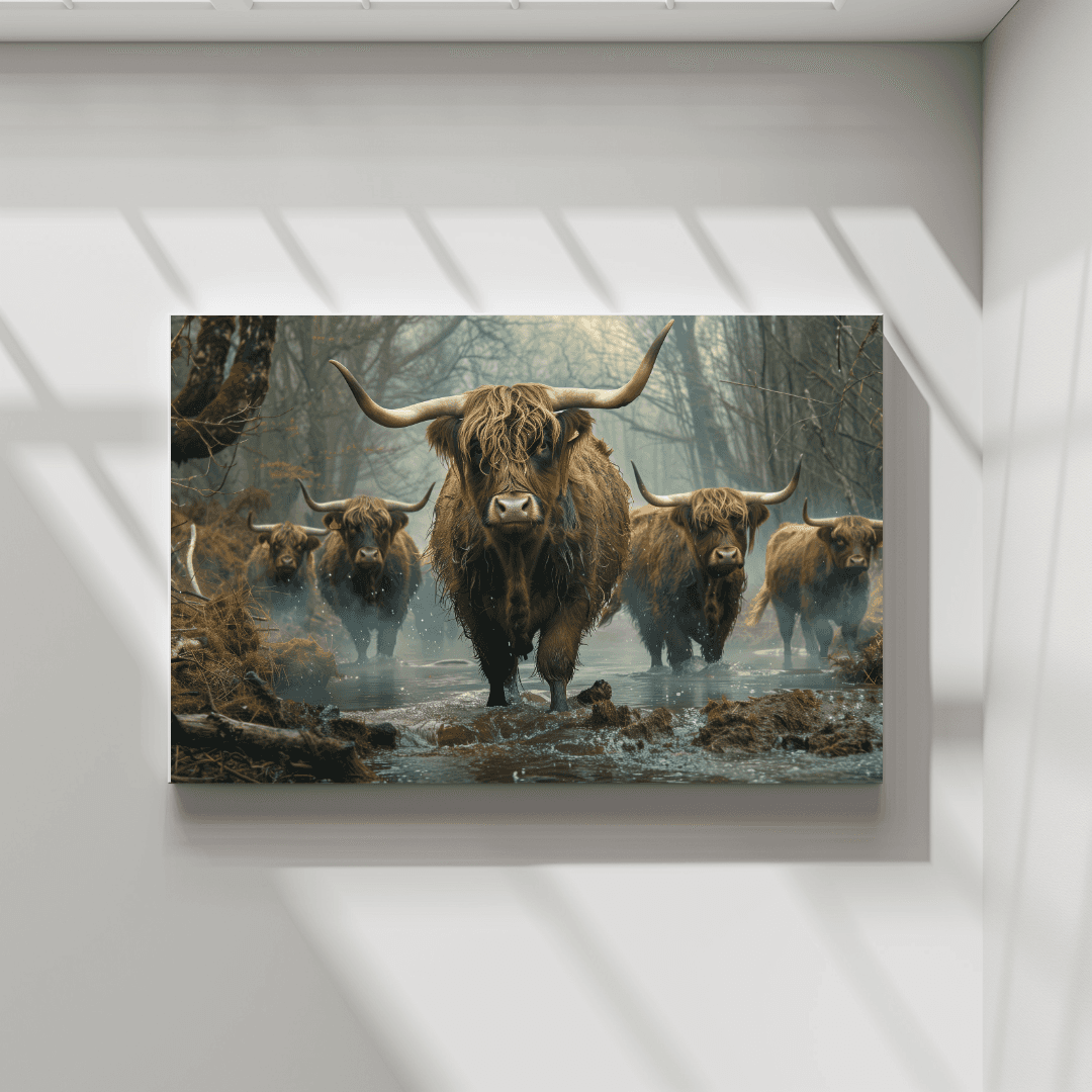 Highland Cow Highland Cattle in Forest Stream – Canvas Wall Art