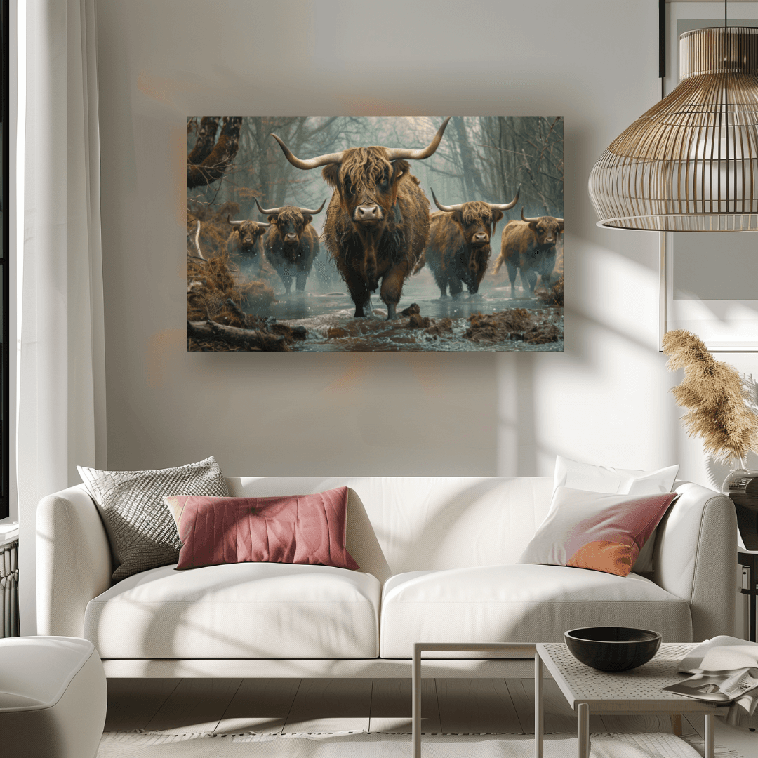 Highland Cow Highland Cattle in Forest Stream – Canvas Wall Art