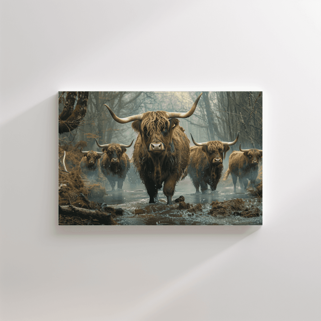 Highland Cow Highland Cattle in Forest Stream – Canvas Wall Art
