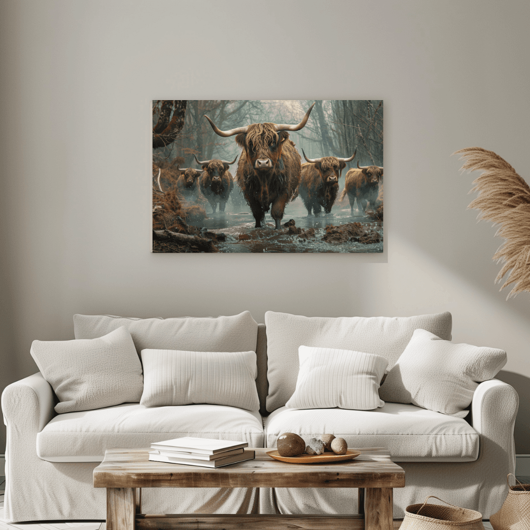 Highland Cow Highland Cattle in Forest Stream – Canvas Wall Art