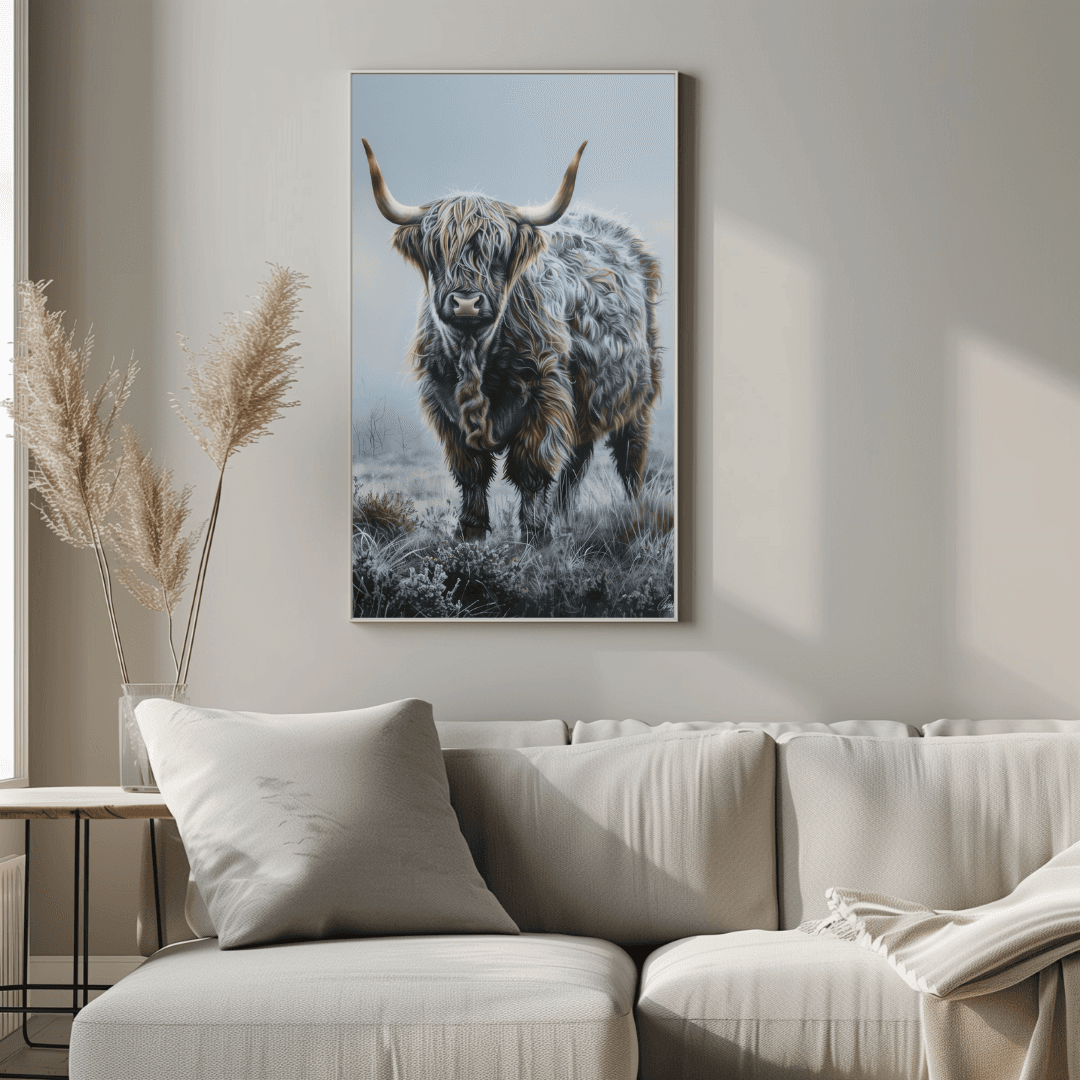 Highland Cow Lone Highland Cow – Frosty Morning Canvas