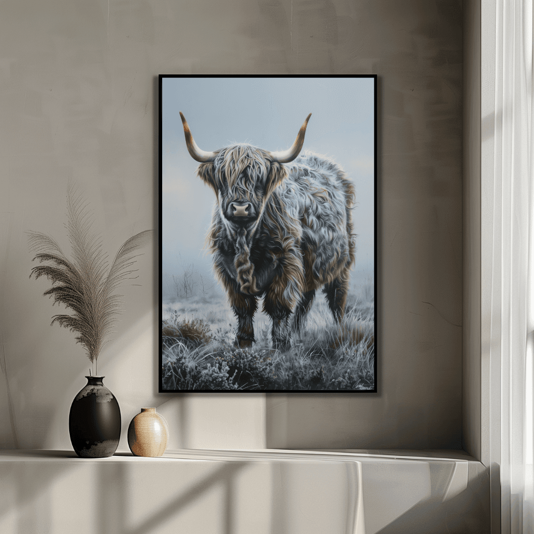 Highland Cow Lone Highland Cow – Frosty Morning Canvas