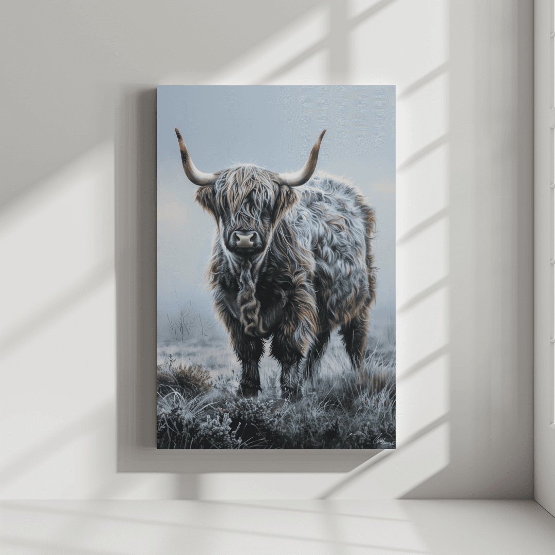 Highland Cow Lone Highland Cow – Frosty Morning Canvas