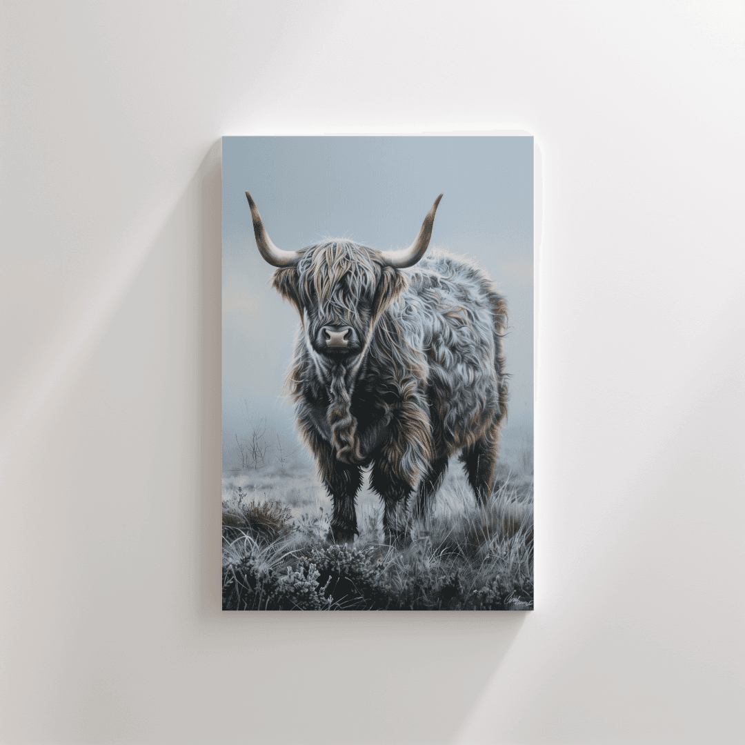Highland Cow Lone Highland Cow – Frosty Morning Canvas