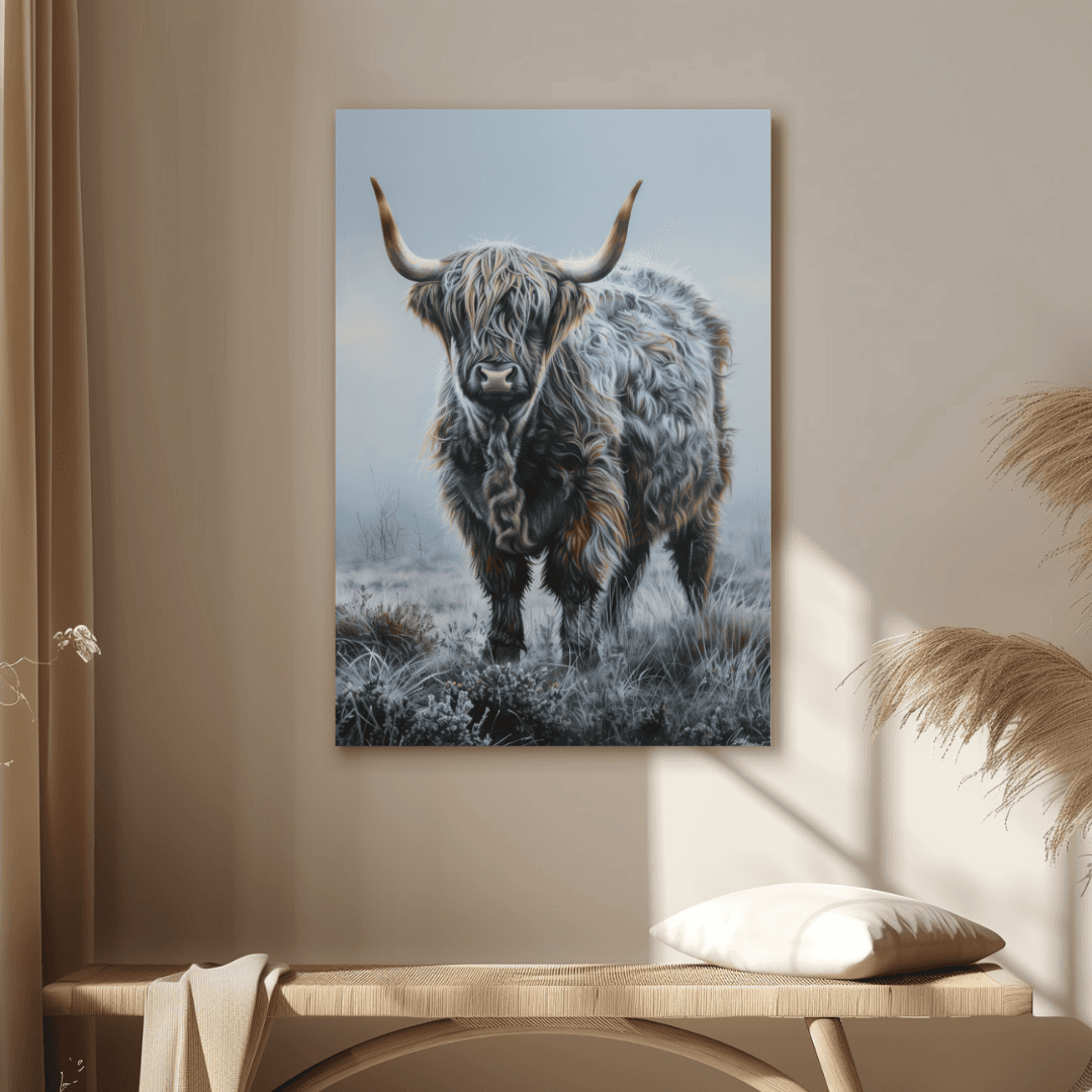 Highland Cow Lone Highland Cow – Frosty Morning Canvas