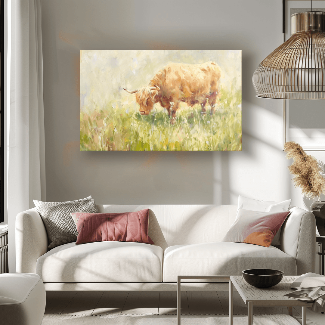 Highland Cow Golden Highland Cow – Summer Meadow Canvas