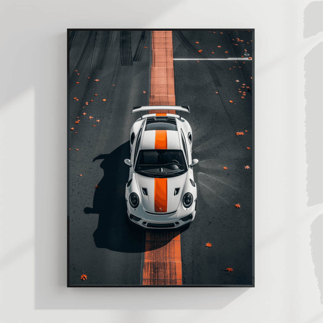 undefined White Porsche – Track Stripe Top View Canvas