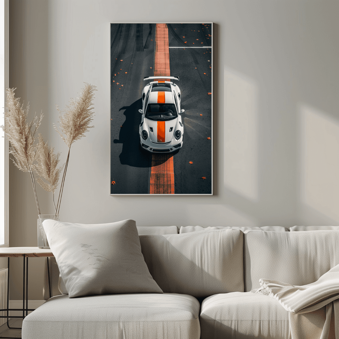 Porsche White Porsche – Track Stripe Top View Canvas