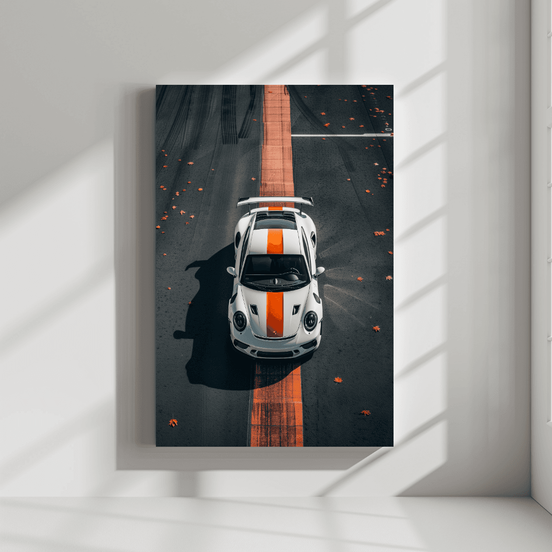Porsche White Porsche – Track Stripe Top View Canvas