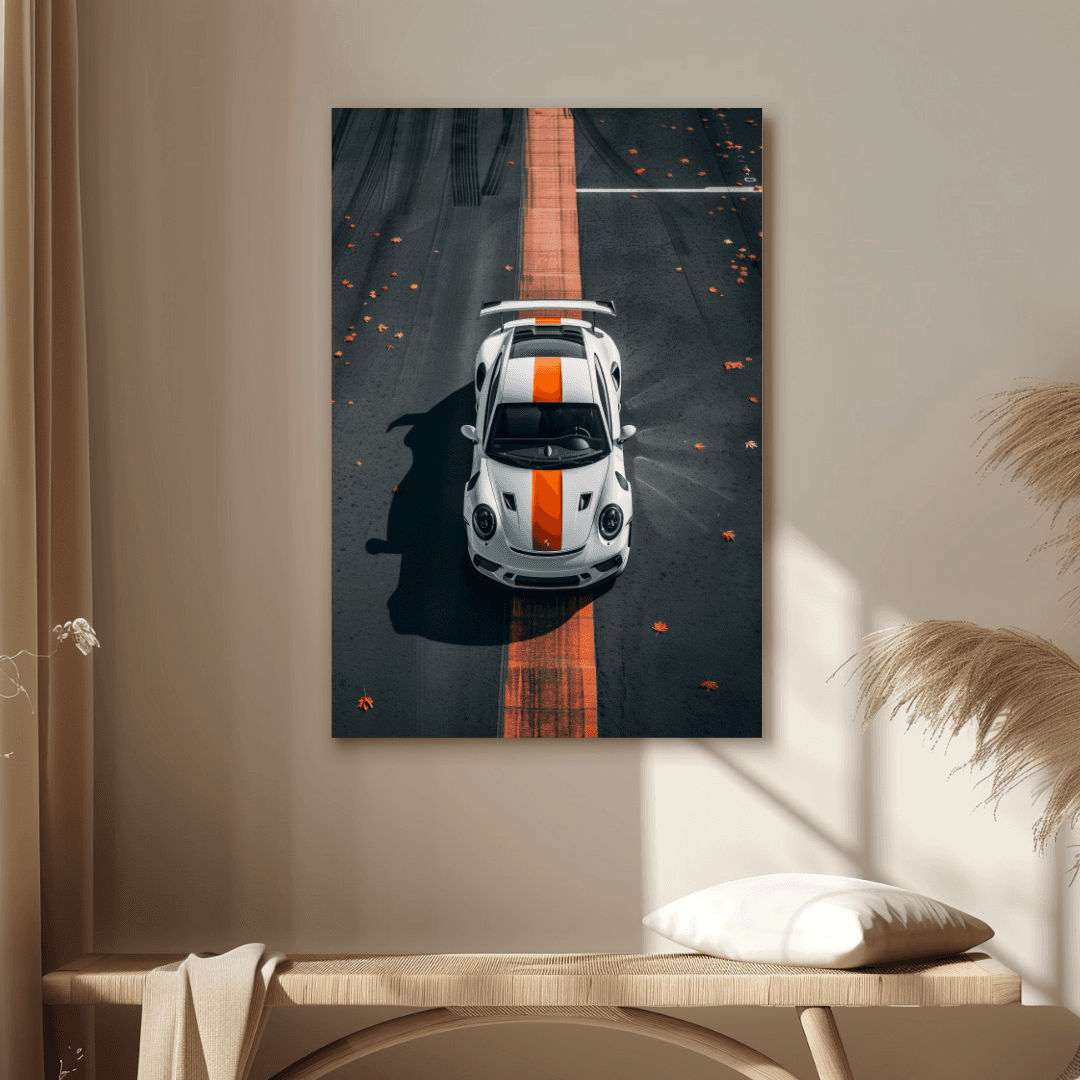 Porsche White Porsche – Track Stripe Top View Canvas