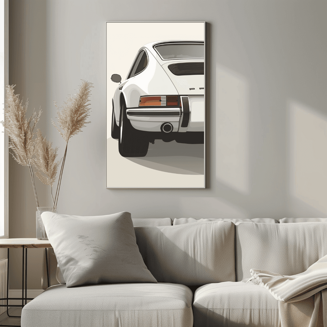 Porsche White Porsche – Rear Minimalist Illustration Canvas