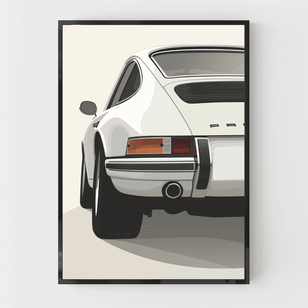 Porsche White Porsche – Rear Minimalist Illustration Canvas