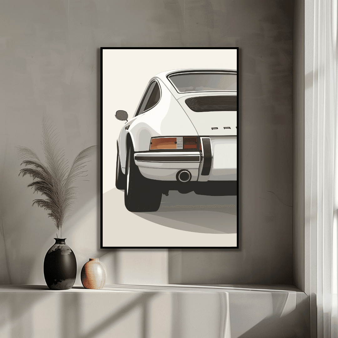 Porsche White Porsche – Rear Minimalist Illustration Canvas