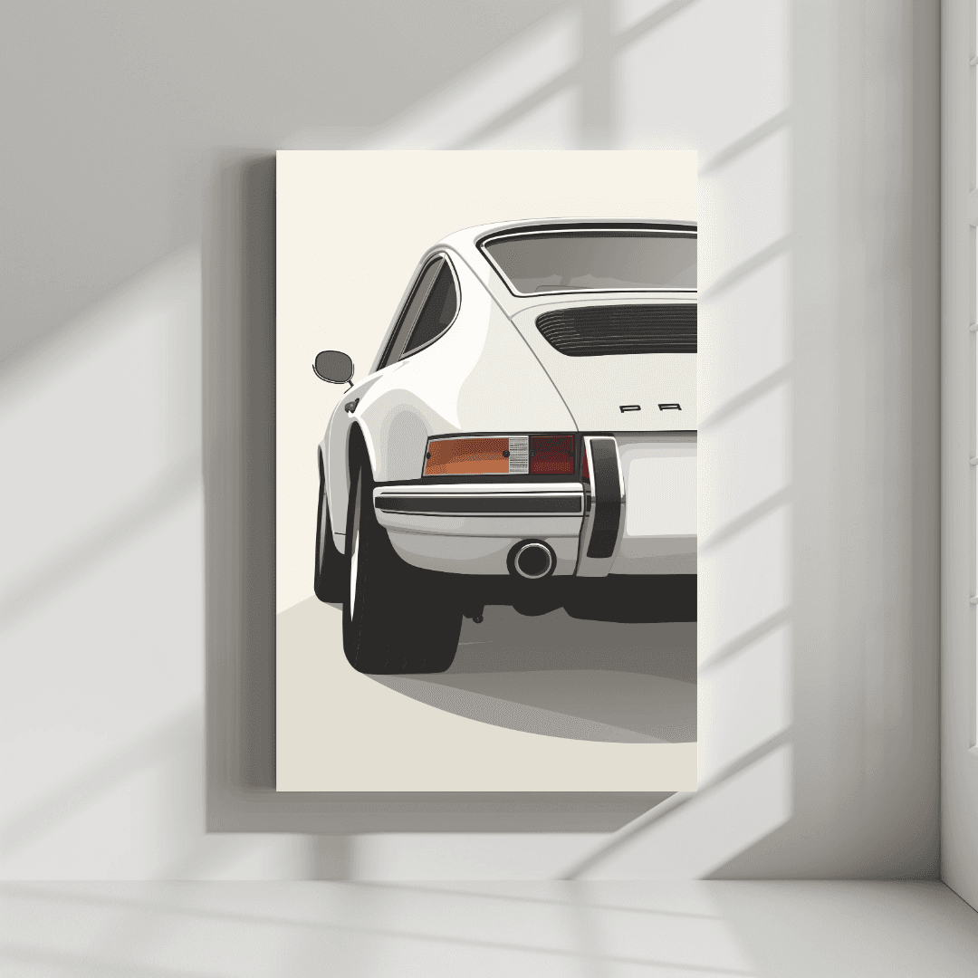 Porsche White Porsche – Rear Minimalist Illustration Canvas