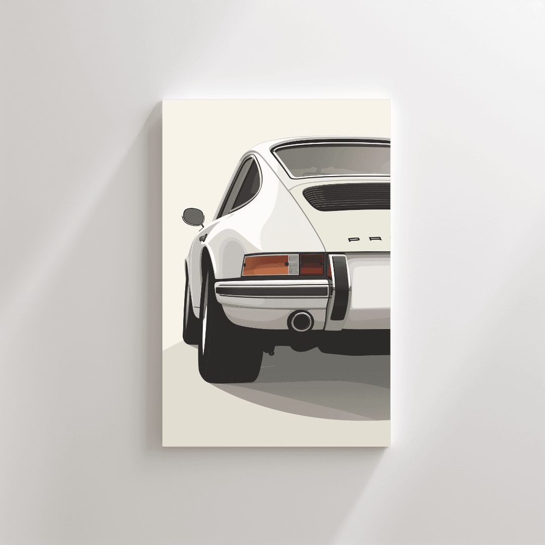 Porsche White Porsche – Rear Minimalist Illustration Canvas