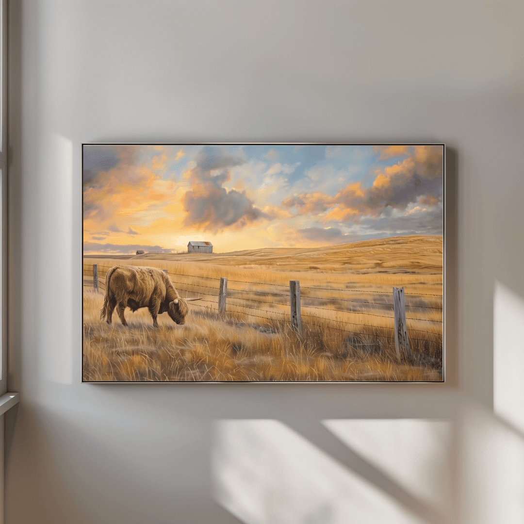 undefined Highland Cow – Rural Sunset Landscape Canvas