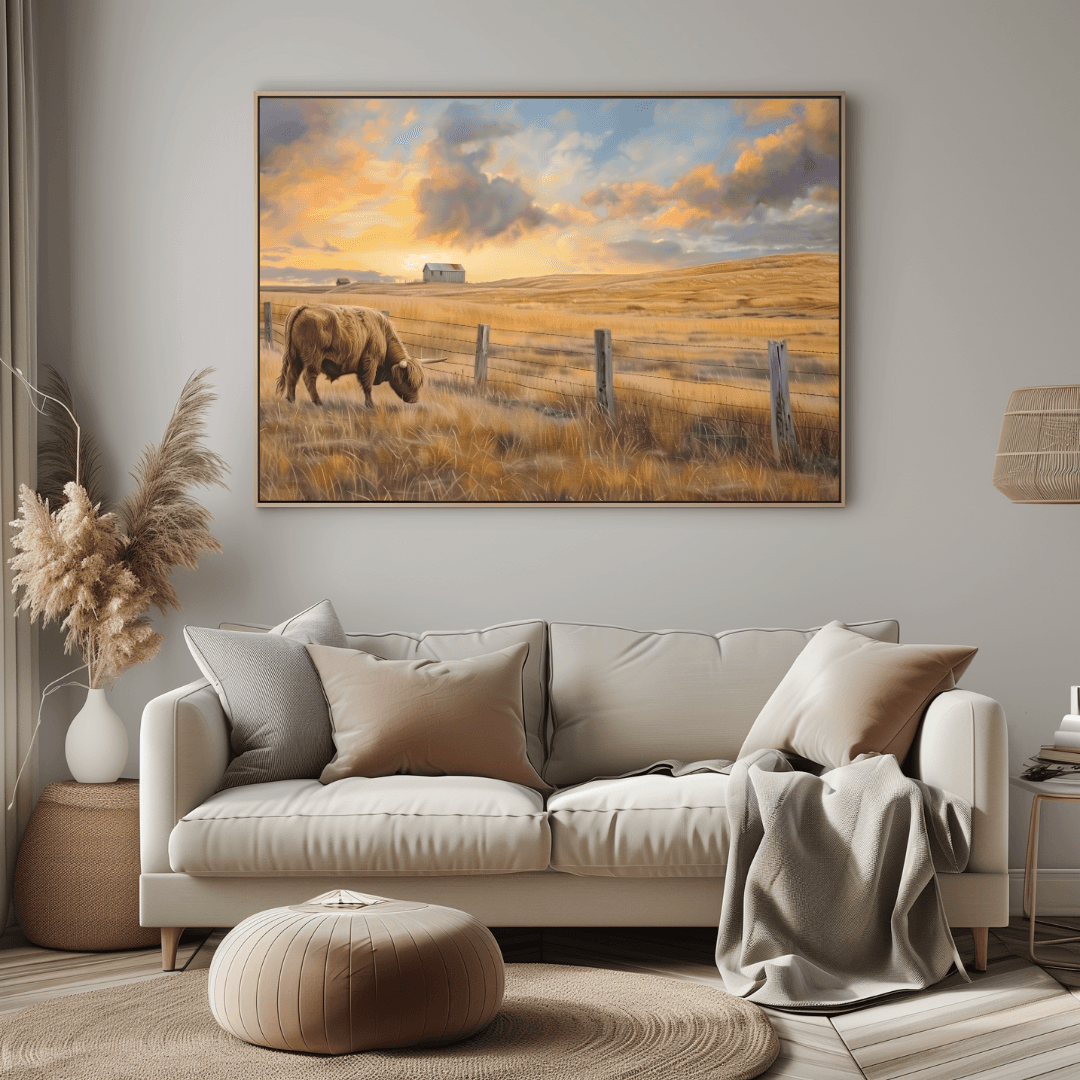 Highland Cow Highland Cow – Rural Sunset Landscape Canvas