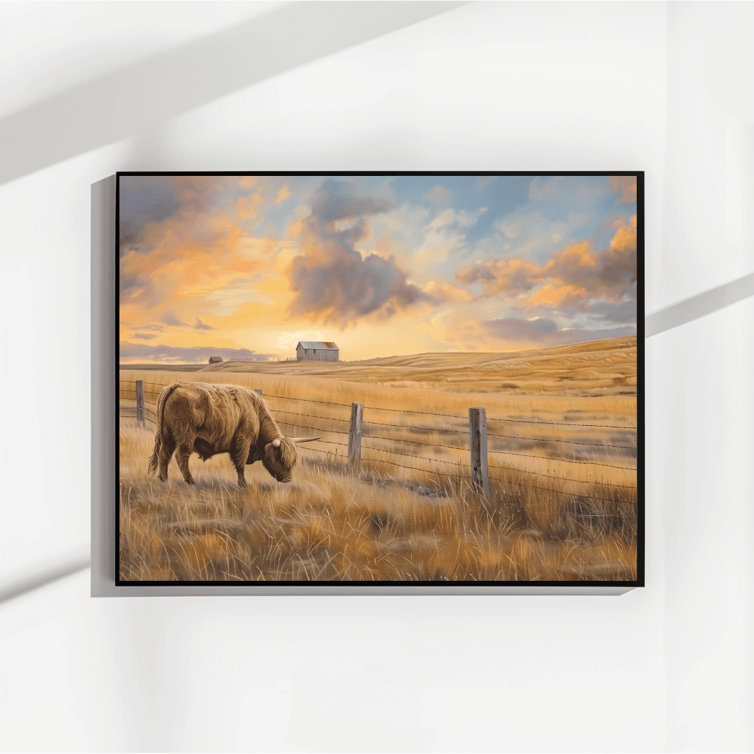 Highland Cow Highland Cow – Rural Sunset Landscape Canvas