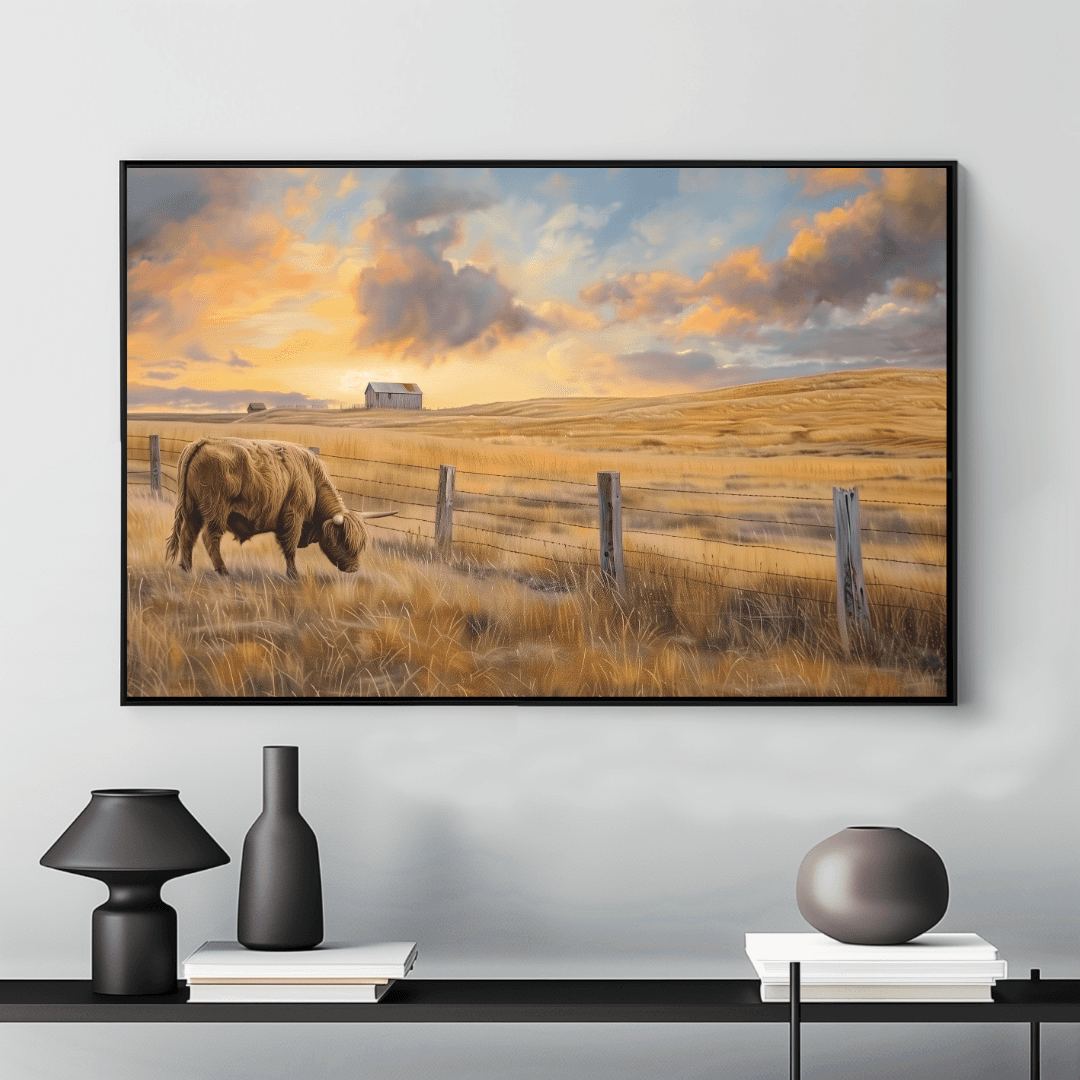 Highland Cow Highland Cow – Rural Sunset Landscape Canvas