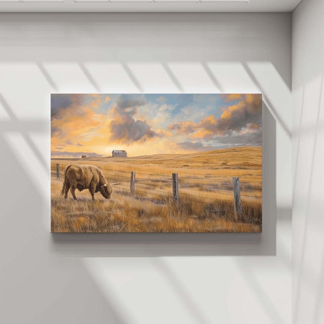 Highland Cow Highland Cow – Rural Sunset Landscape Canvas