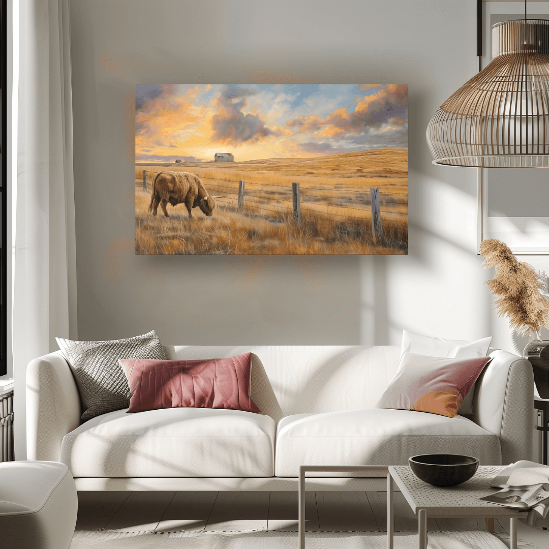 Highland Cow Highland Cow – Rural Sunset Landscape Canvas