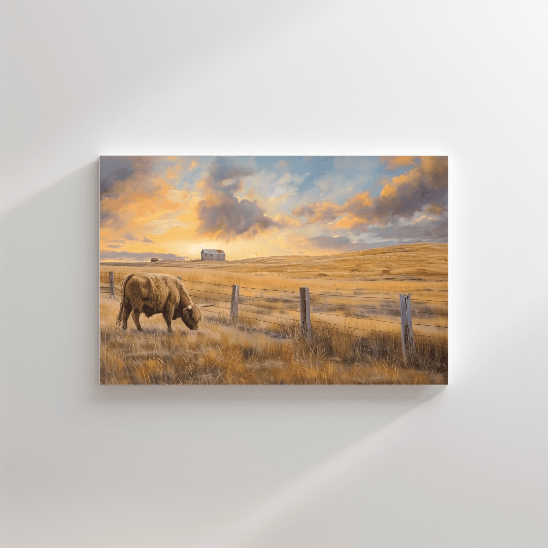 Highland Cow Highland Cow – Rural Sunset Landscape Canvas