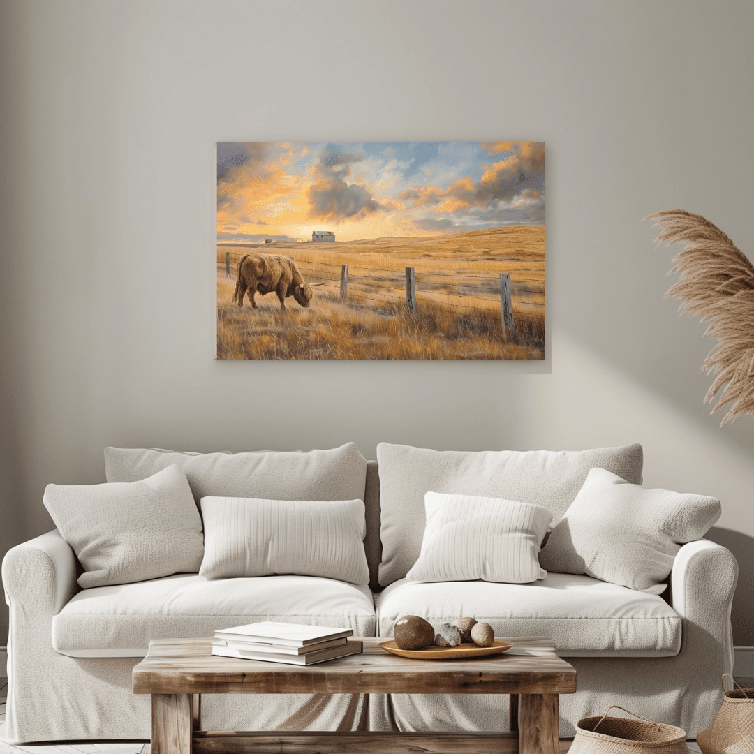Highland Cow Highland Cow – Rural Sunset Landscape Canvas
