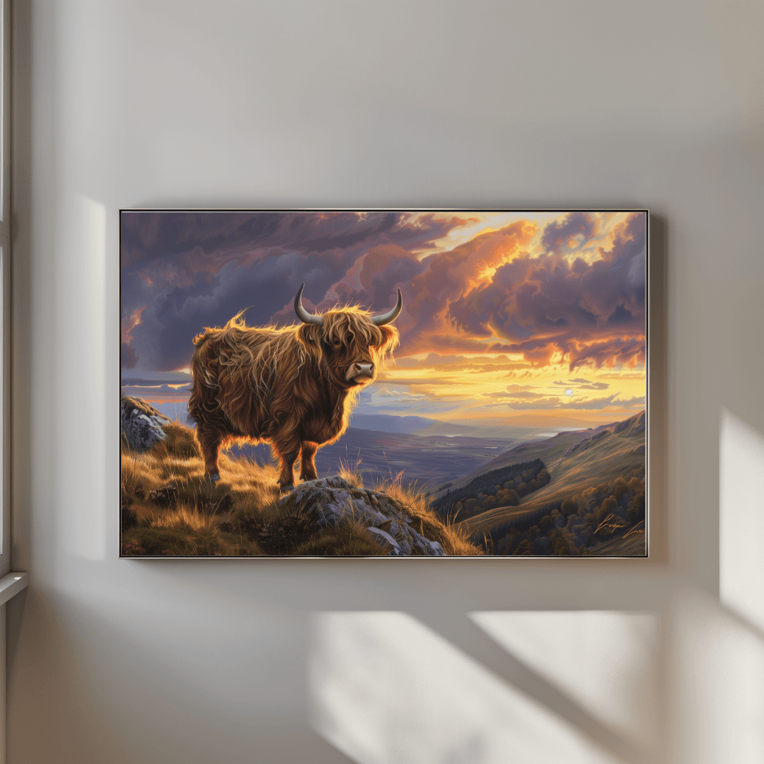 undefined Highland Cow – Sunset Mountain View Canvas