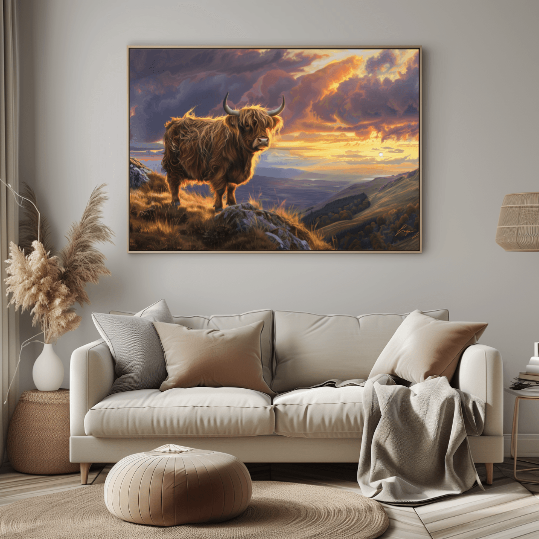 Highland Cow Highland Cow – Sunset Mountain View Canvas