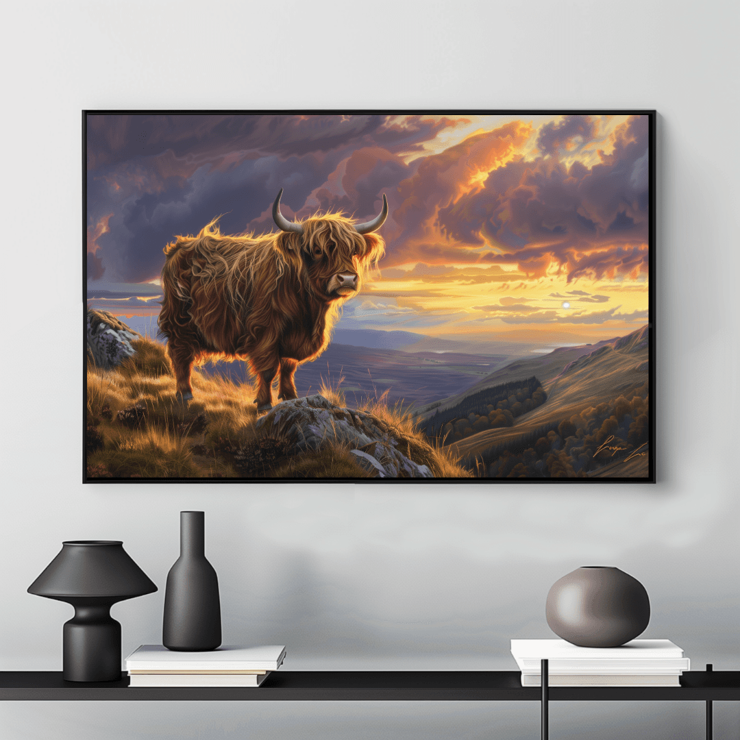 Highland Cow Highland Cow – Sunset Mountain View Canvas