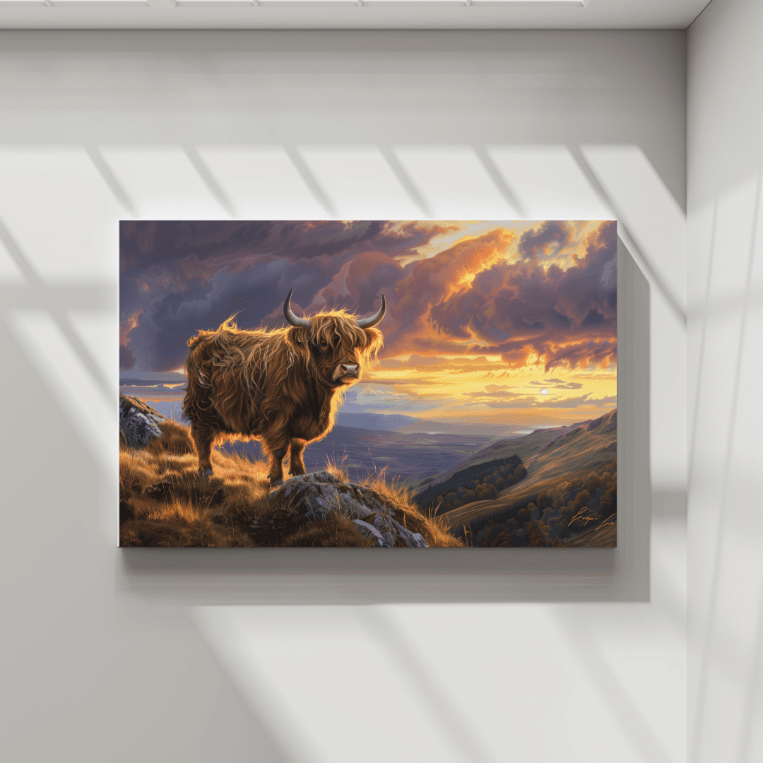 Highland Cow Highland Cow – Sunset Mountain View Canvas